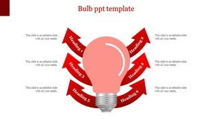 Bulb PowerPoint template with six red arrows pointing to different headings around a lightbulb.