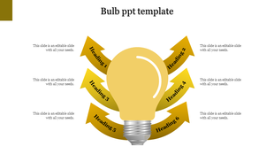 Infographic featuring a light bulb in yellow with six curved arrows labeled with headings around it.