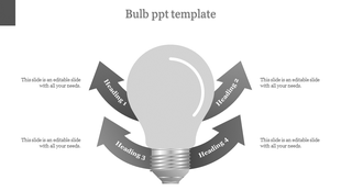 Innovative template with a central light bulb in gray and four labeled arrows illustrating key ideas or concepts.