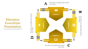 A creative PowerPoint layout for education, showcasing four yellow segments with captions and related icons.