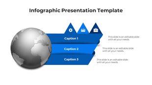 Infographic PPT template with a world globe icon and three blue sections representing different business concepts.