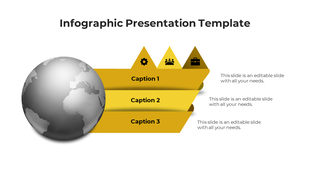 Silver toned Earth graphic paired with three yellow banner sections and matching geometric business indicators.