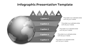 Gradient styled Earth graphic with five gray arrow banners extending rightward, topped by minimal business icons.