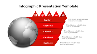 Infographic presentation template featuring a red triangular layout with five sections, each marked by an icon and caption.