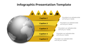 Template with a globe on the left and five yellow triangular sections arranged horizontally with captions.