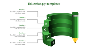Education slide with a green pencil and five stacked curved sections labeled A to E, linked to captions.