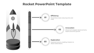 Gray rocket illustration on the left with three steps labeled efficiency, innovation, and exploration on a vertical line.