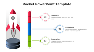 Illustration of a rocket and a vertical multicolored bar with three steps in red, blue, and green, each with numbered text.