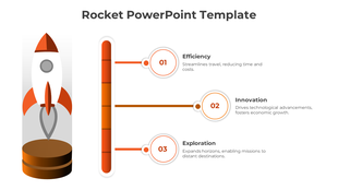 Rocket PowerPoint template with orange rocket and three sections from efficiency to exploration with icons and descriptions.