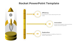 Rocket PowerPoint template featuring efficiency, innovation, and exploration sections in gold theme.