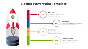 Infographic with a red rocket on the left and a colorful bar connecting to four labeled sections on a white background.
