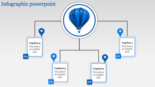 Infographic slide with a central blue balloon icon and four caption markers linked by lines on a gradient gray background.