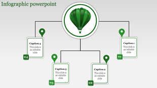 Infographic PPT slide featuring a central hot air balloon connected to four captions with numbered green markers.
