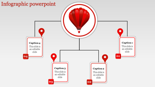 Infographic PPT slide featuring a central red hot air balloon connected to four captions with numbered red markers.