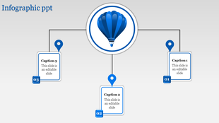 Infographic with a blue hot air balloon at the center, linked to three captions with markers on a gray background.