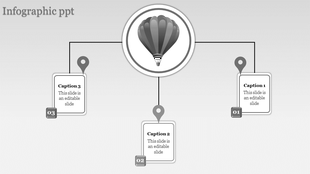 Minimalist grayscale infographic with a floating balloon icon and three numbered location markers linking to caption areas.