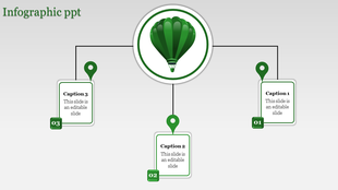 Infographic PPT slide with a green hot air balloon illustration and three labeled captions connected by lines.