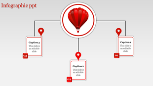 Infographic PPT slide with a red hot air balloon illustration and three labeled captions connected by lines.