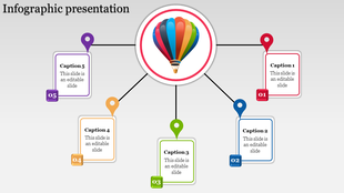 Hot air balloon themed infographic with five color-coded caption boxes connected to a central circular element.