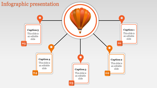 Business slide with an orange hot air balloon at the center and five connected captions areas linked by line.