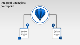 Hot air balloon themed infographic slide with two connected captions, each marked with blue location pins.