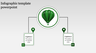 Green infographic template featuring a central hot air balloon with two connected captions below on a gray background.