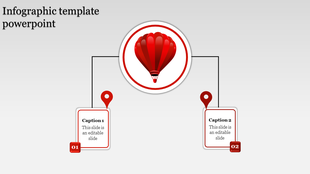 Infographic with a red hot air balloon and two connected caption boxes labeled 01 and 02.