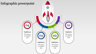 Rocket themed infographic with four numbered captions connected to a colorful arc below, on a gray gradient background.