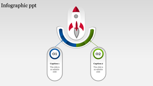 Rocket launch infographic with a curved blue and green segmented arc connecting two numbered captions areas.