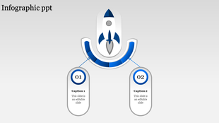 Blue infographic featuring a rocket at the center and two oval text placeholders linked below.