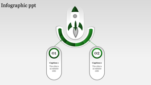 Rocket themed infographic slide with two green and white numbered captions connected to a central rocket design.
