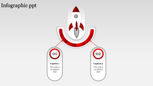 Rocket themed infographic slide with two red and white numbered captions connected to a central rocket design.