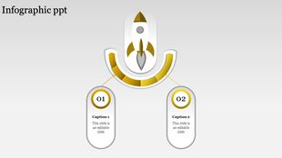 Infographic design with a central yellow rocket graphic and two connected oval captions for step representation.
