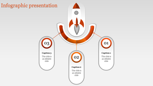 Rocket themed infographic slide with a red and white design and three numbered captions connected to the rocket graphic.