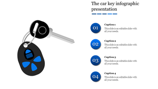 Slide featuring a car key image and blue circular steps labeled from 01 to 04, on the right.
