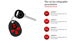 Car key infographic with a black and red key fob on the left and four numbered red captions on the right.