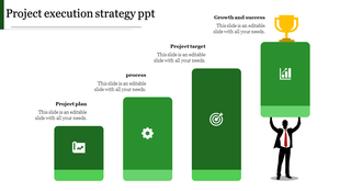 Illustration of a project execution process with stacked green blocks, icons, and a trophy symbolizing success.