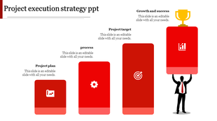 Stepwise project execution template with red blocks project plan, process, target, and success, with a business figure.