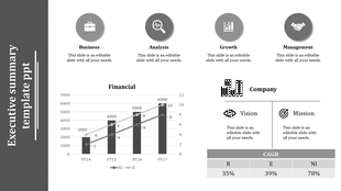 Gray themed executive summary slide with four icons, a bar chart, and descriptive sections for business and financial data.