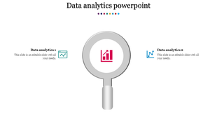 Illustration of a magnifying glass in gray with red icon and two text elements, highlighting data analysis themes.