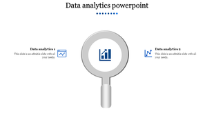 Data analytics PowerPoint template featuring two sections with blue icons for web data and chart analysis.