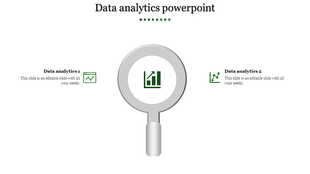 Magnifying glass at the center focusing on a green chart, with two data analytics icons on the left and right.
