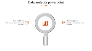 Data analytics template with a magnifying glass in the center and two orange icons arranged on both sides.