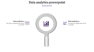Data analytics PowerPoint template featuring two sections with icons for web data and charts, under a magnifying glass.