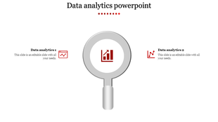 Central magnifying glass displaying a red graph, paired with two icons representing data analytics.