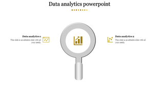 Infographic showing a central magnifying glass with two data analytics icons and captions in yellow around it.