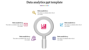 Infographic with a magnifying glass focusing on a pink chart, surrounded by five colorful icons for data analytics topics.