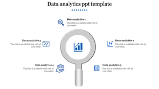 Central magnifying glass with surrounding icons representing different data analytics elements.