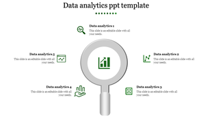 Data analytics PowerPoint template with six sections, each represented by green icons for data, charts, and analysis tools.