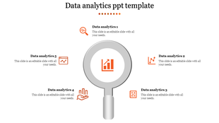 Magnifying glass at the center focusing on an orange chart, with  five data analytics icons around it.